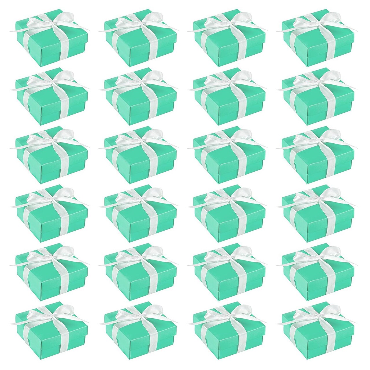 24 Pack Small Turquoise Gift Boxes with Lids and Silk Ribbon for Presents and Party Favors (3.74 x 3.74 x 1.65 in)